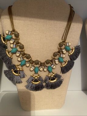 Stella & Dot Gold-Tone Necklace with Teal Stones and Gray Tassels